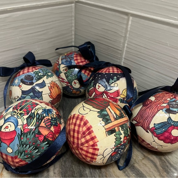 Vintage 6 Snowman Frosty Gingham Christmas Tree Decoupage Ball Ornaments - Picture 4 of 4